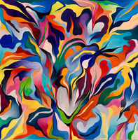 Œuvre abstraite colorée aux formes douces et ondulantes, mêlant des nuances pastel et vives de bleu, rose, orange, vert et violet. L'ensemble donne une impression de légèreté et de dynamisme, rappelant une danse.