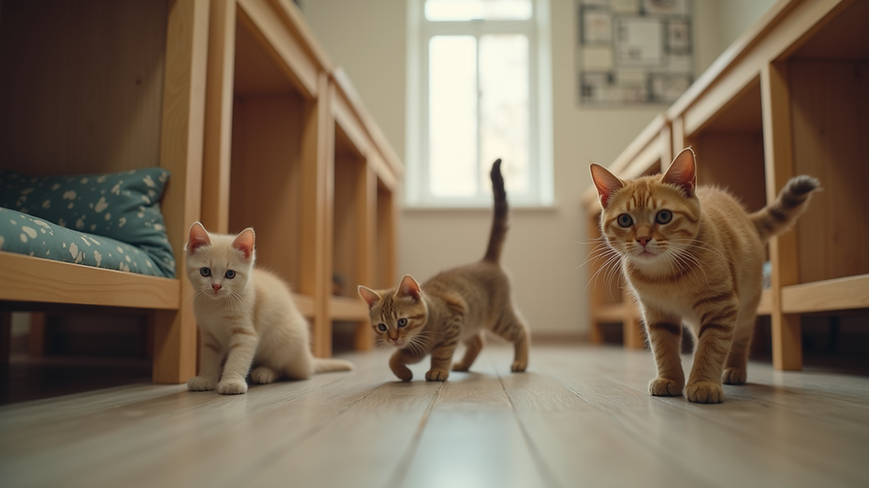 Eye-level view of a cozy cat boarding facility with playful cats