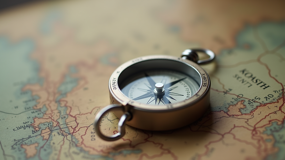 Close-up view of a compass resting on a map, symbolizing guidance and direction