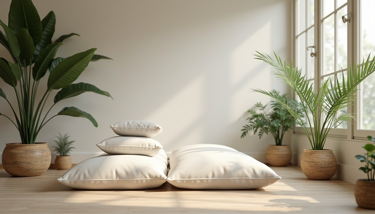 Eye-level view of a serene meditation space with soft natural light