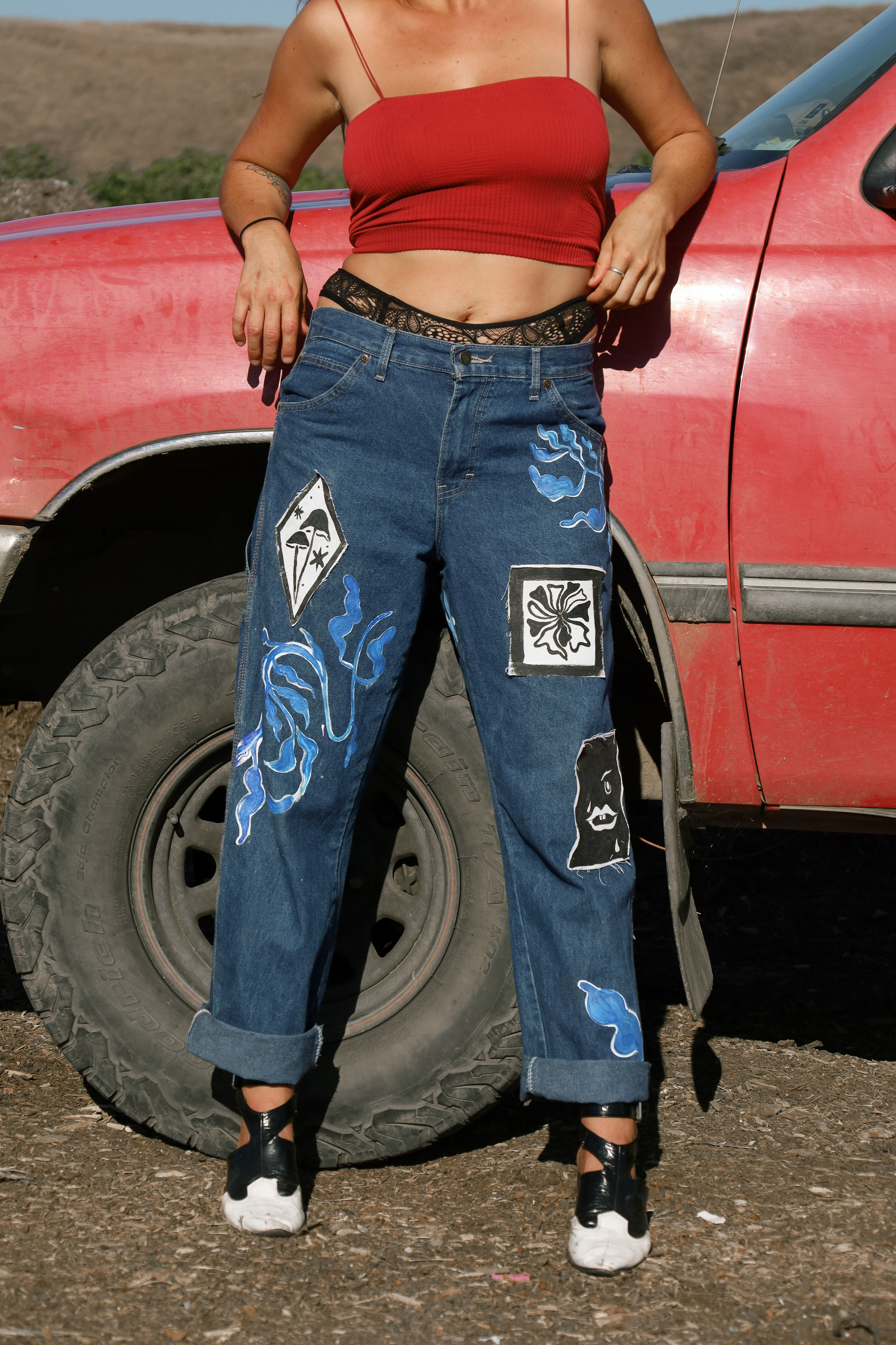 surreal upcycled dickies blue jeans Sz 32
