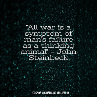 Quote from Steinbeck about war on a black background.