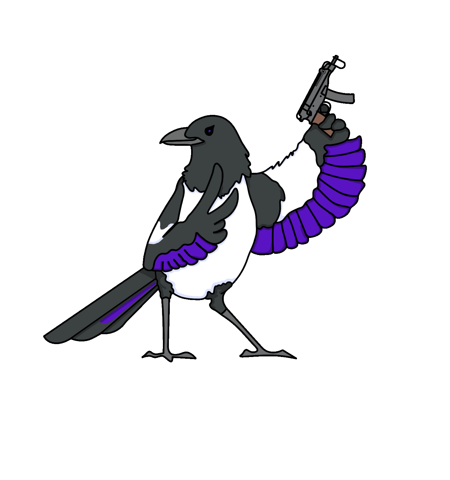 Main custom logo for Purple Airsoft displaying a magpie wielding a vz61 skorpion whilst flipping the bird