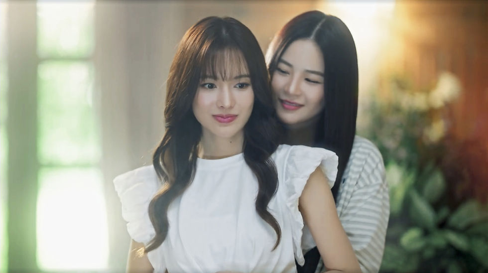 Din wraps her arms around Rose from behind as they share a tender, romantic moment in The Earth Episode 6.