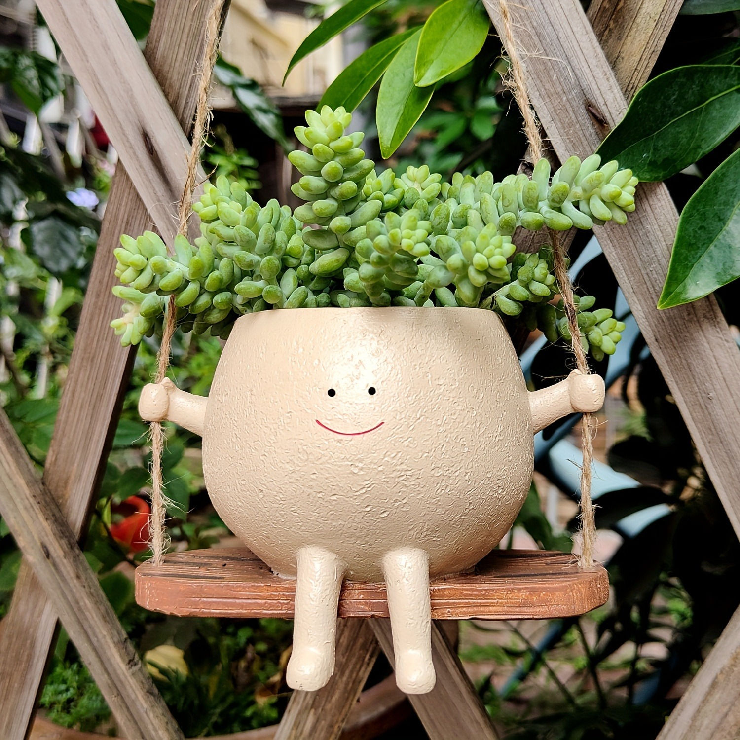 1pc Resin Hanging Planter Pot Rustic Succulent Plant Holder Smiling Face Design