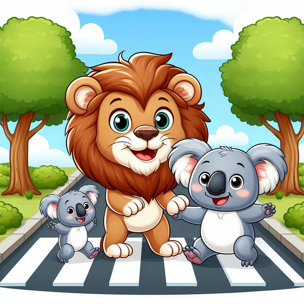 Koala and joey being helped by Lion to cross the road
