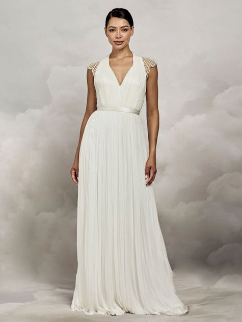 Seiden Brautkleid mit V-Ausschnitt, Gürtel und Perlen am Rücken