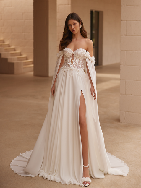 A-Linien Brautkleid, Ivory, Chiffon mit Beinschlitz, Korsage