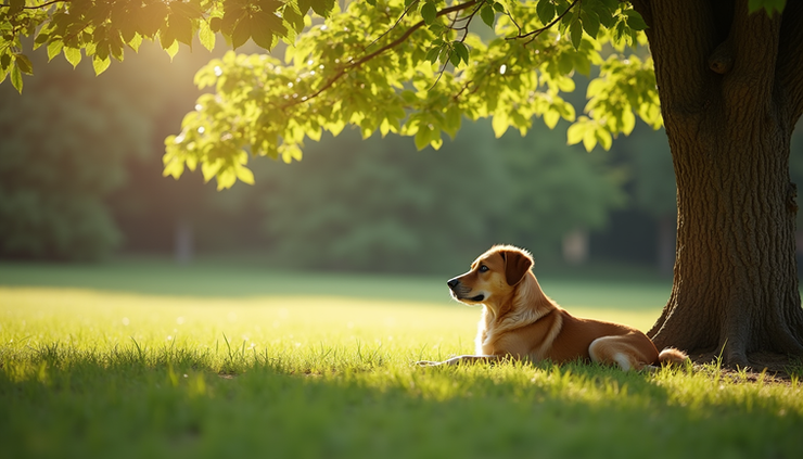 High angle view of a dog resting in the shade under a tree on a sunny day