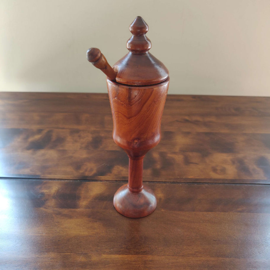 Vintage hand turned wooden tall mustard pot with spoon