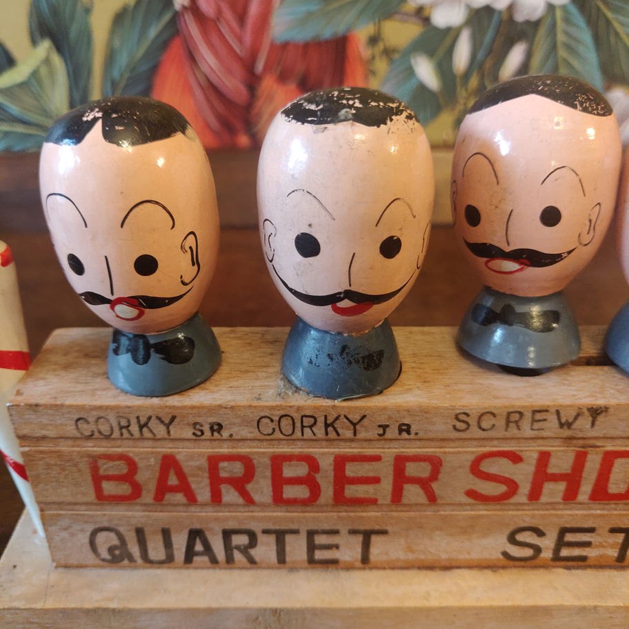 Vintage 1960s wooden hand painted barbers shop bar quartet ( corkscrew etc)