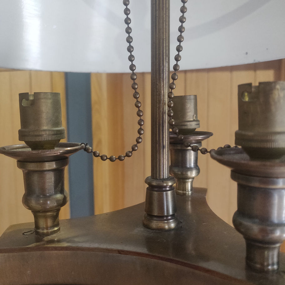 Antique early 20th century bouillotte brass and enamel 3 light ceiling light