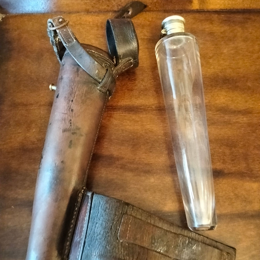 Antique Glass Stirrup Flask with Leather Case Late Victorian to Edwardian