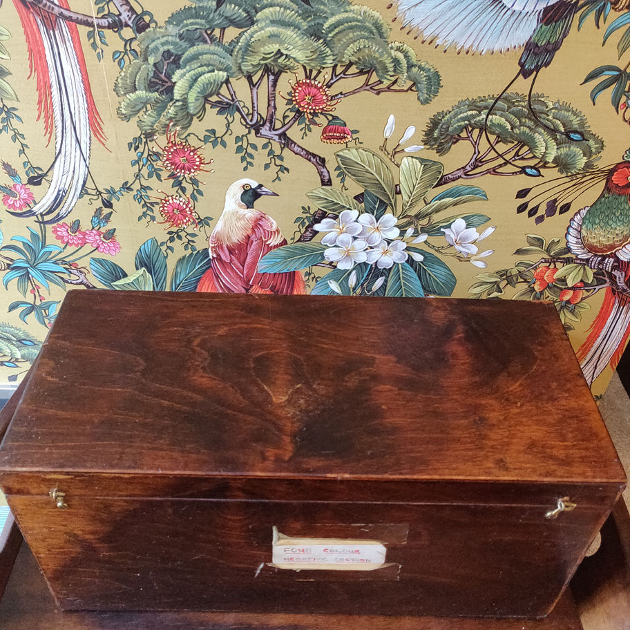 Vintage oak box probably scratch built by photography enthusiast to keep lenses