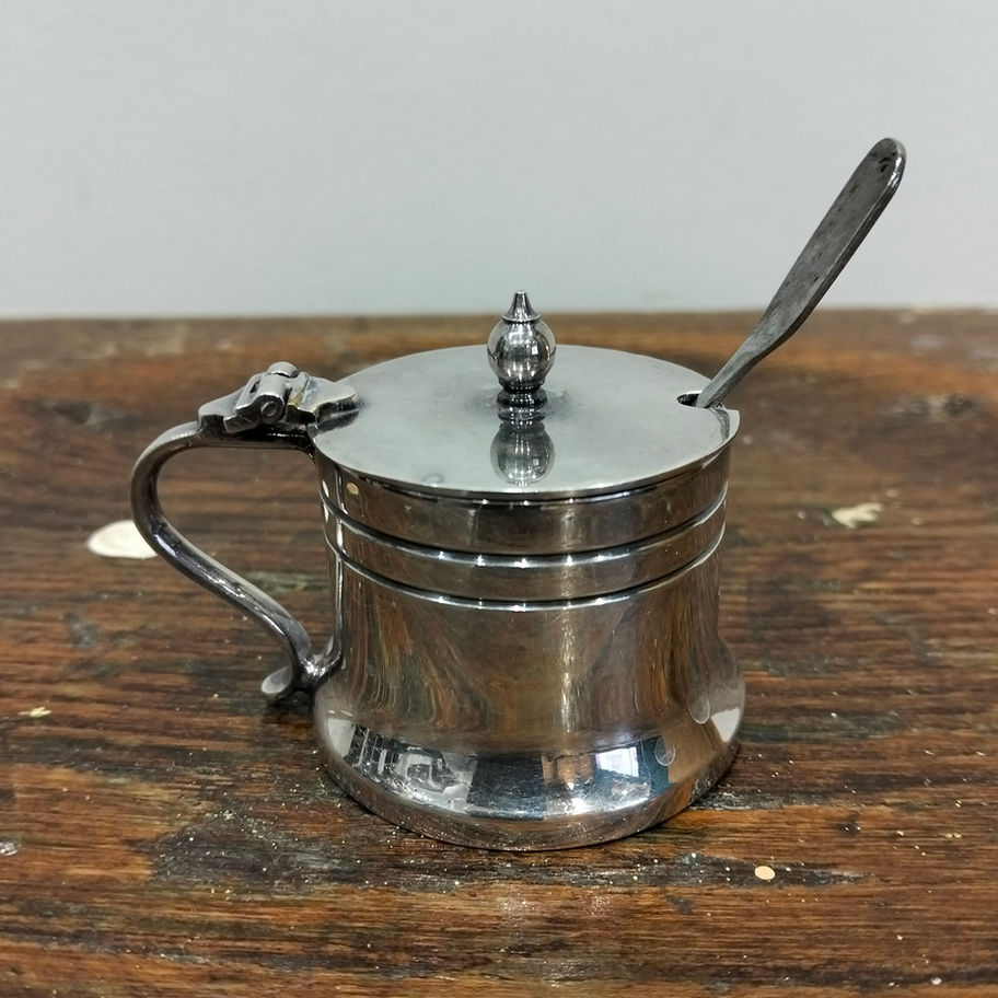 Vintage Silver-Plated Mustard / Condiment Pot with Spoon glass liner missing