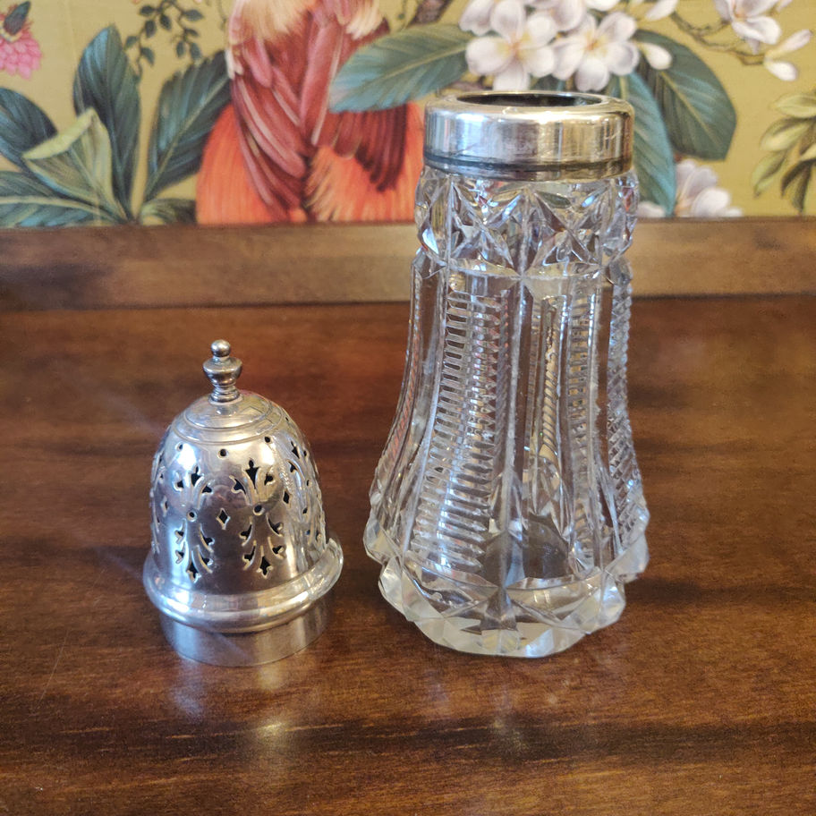 Antique Victorian late 19th century hobnail cut glass silver plate sugar shaker