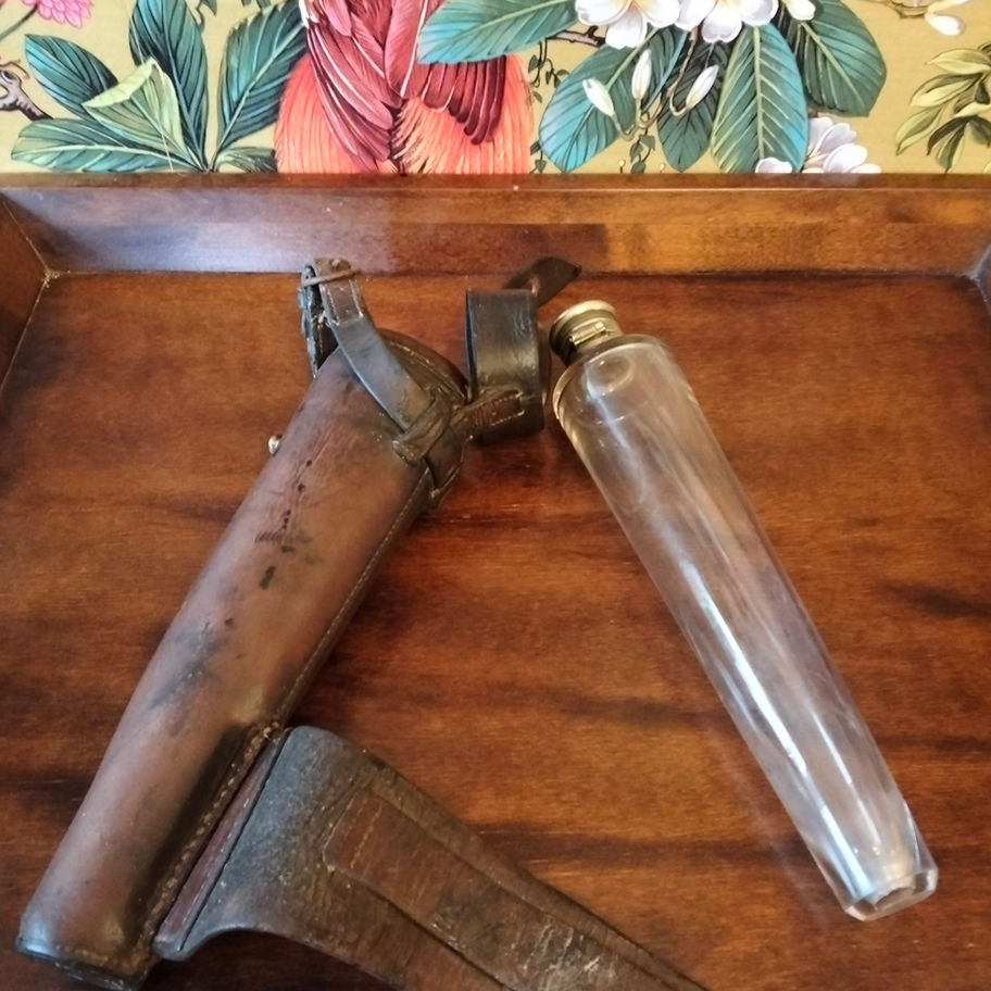 Antique Glass Stirrup Flask with Leather Case Late Victorian to Edwardian