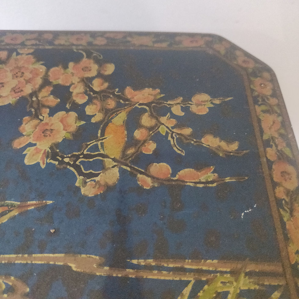 Antique early 20th century biscuit tin in the style of a Chinese laquered box