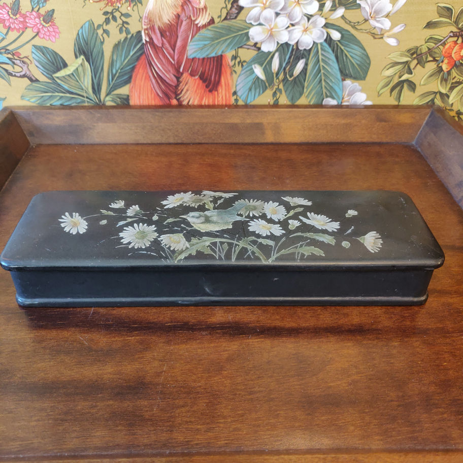 Vintage probably Chinese black laqured glove box with stunning flowers and bird