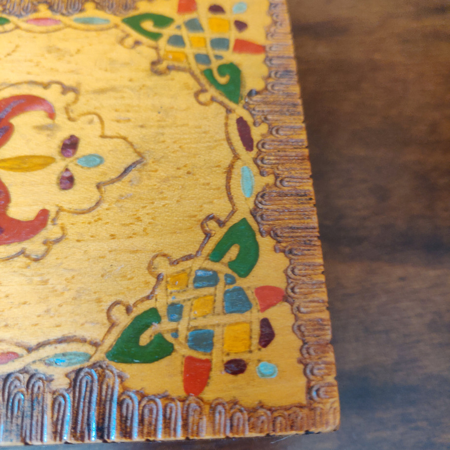 Vintage pyrography pine hand painted keepsake or jewellery box folk art style