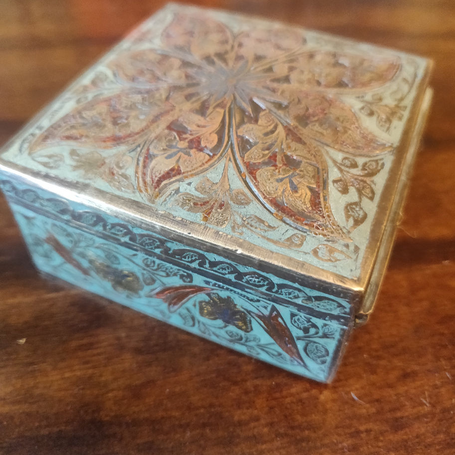 Antique late 19th or early 20th century brass copper and wood Indian trinket box