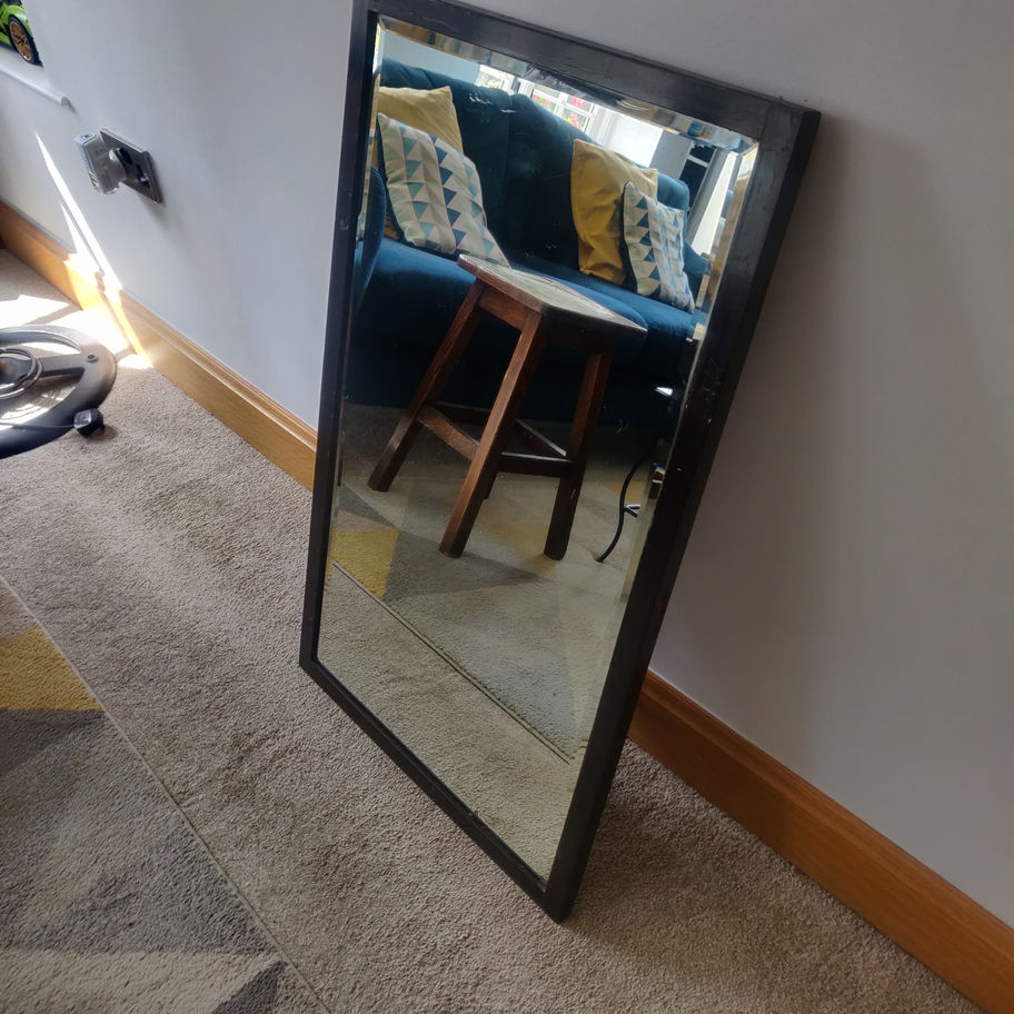 Vintage early 20th century oak bevelled edge portrait wall hanging mirror