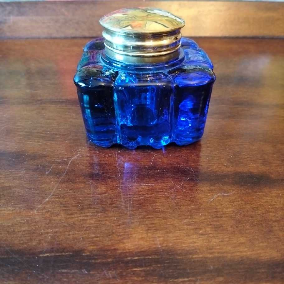 Vintage may be older cobalt blue glass and brass lid desk ink well heavy item