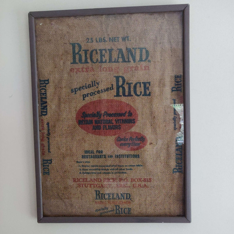 Vintage riceland framed hessian sack art