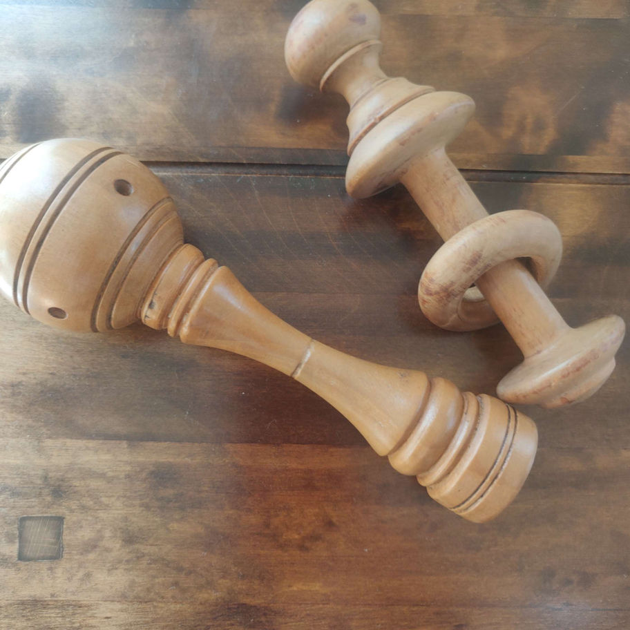 treen toy whistle, ball and cup, rattle and teether