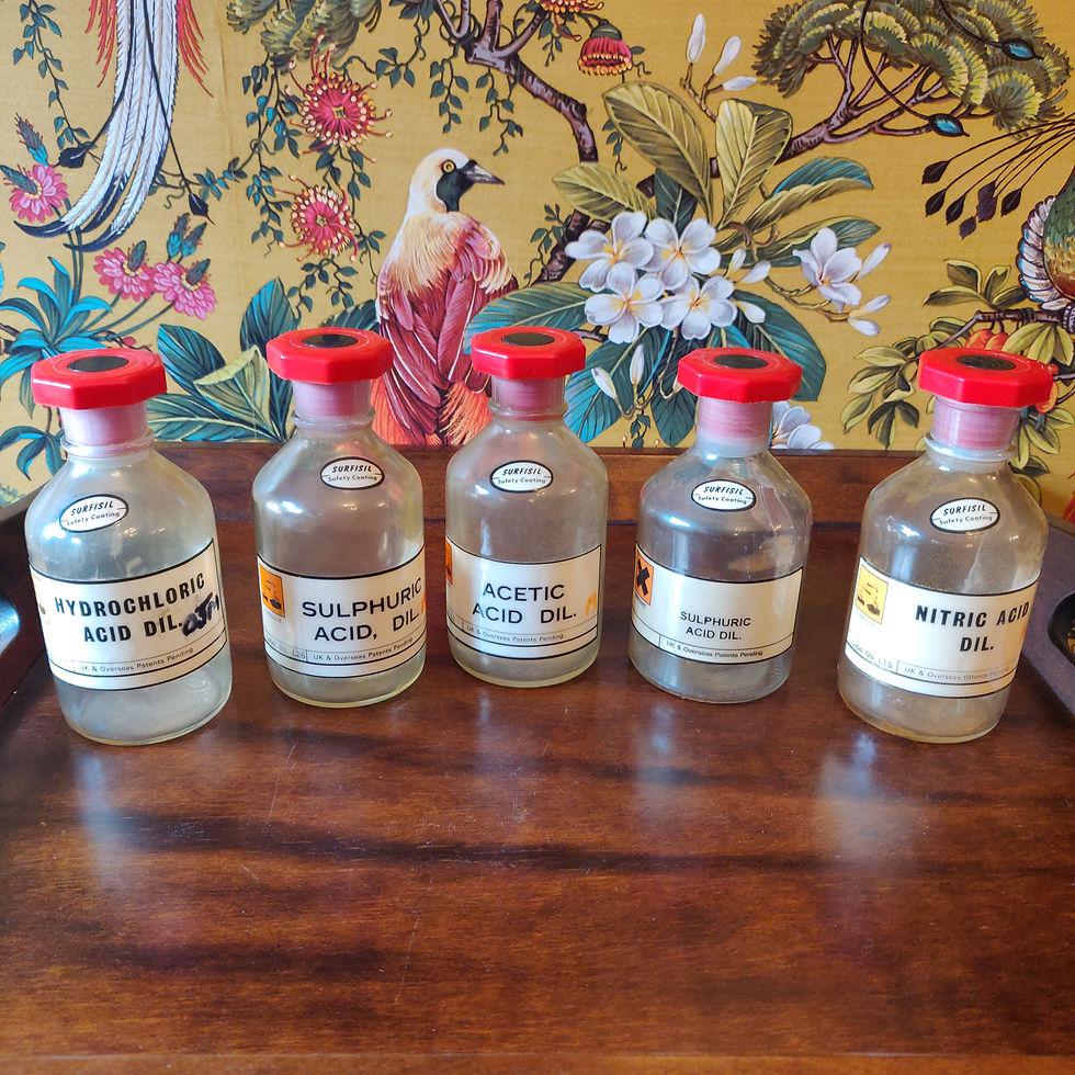 Vintage mid century set of 5 apothecary chemist bottles with original lids