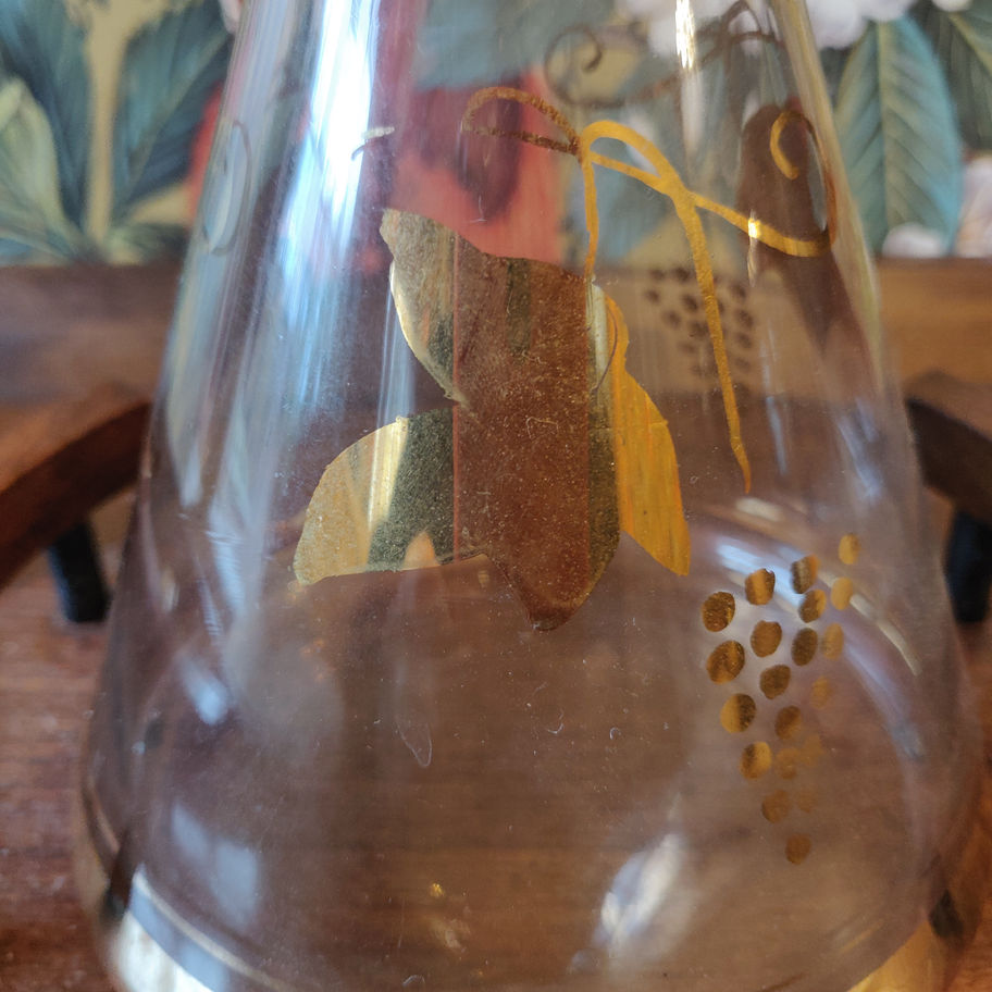 Vintage mid century Bohemian glass wine decanter with lovely oak stand