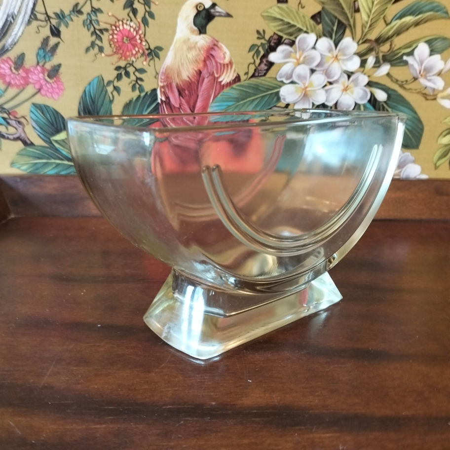 antique /vintage Sowerby Art Deco half-moon glass vase. clear, pressed- glass
