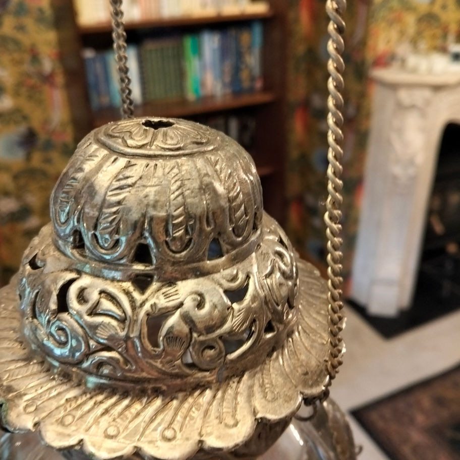 Victorian Style Ornate Hanging Hall Lantern tea light with Cut Glass Drops