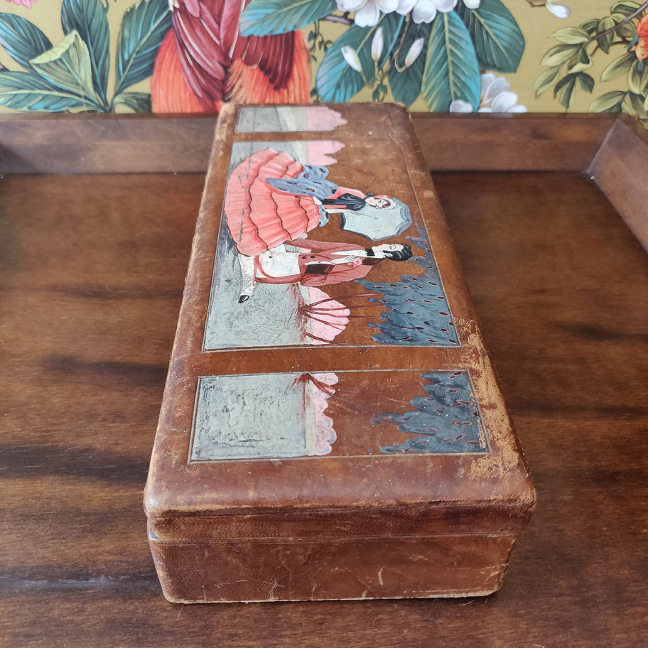 Antique early 20th century Edwardian leather bound silk lined hand painted box
