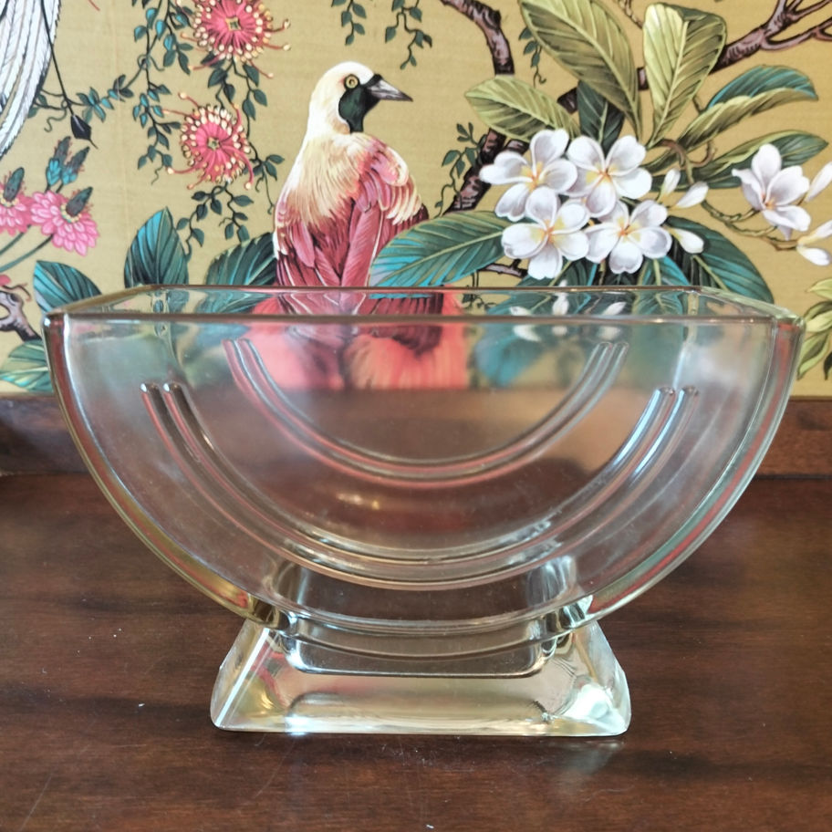 antique /vintage Sowerby Art Deco half-moon glass vase. clear, pressed- glass