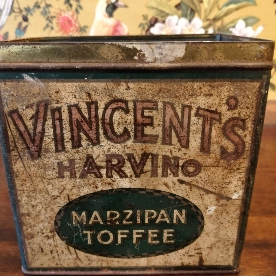 Vintage Vincent’s Harvino Marzipan Toffee Tin England, c. 1920s–1930s