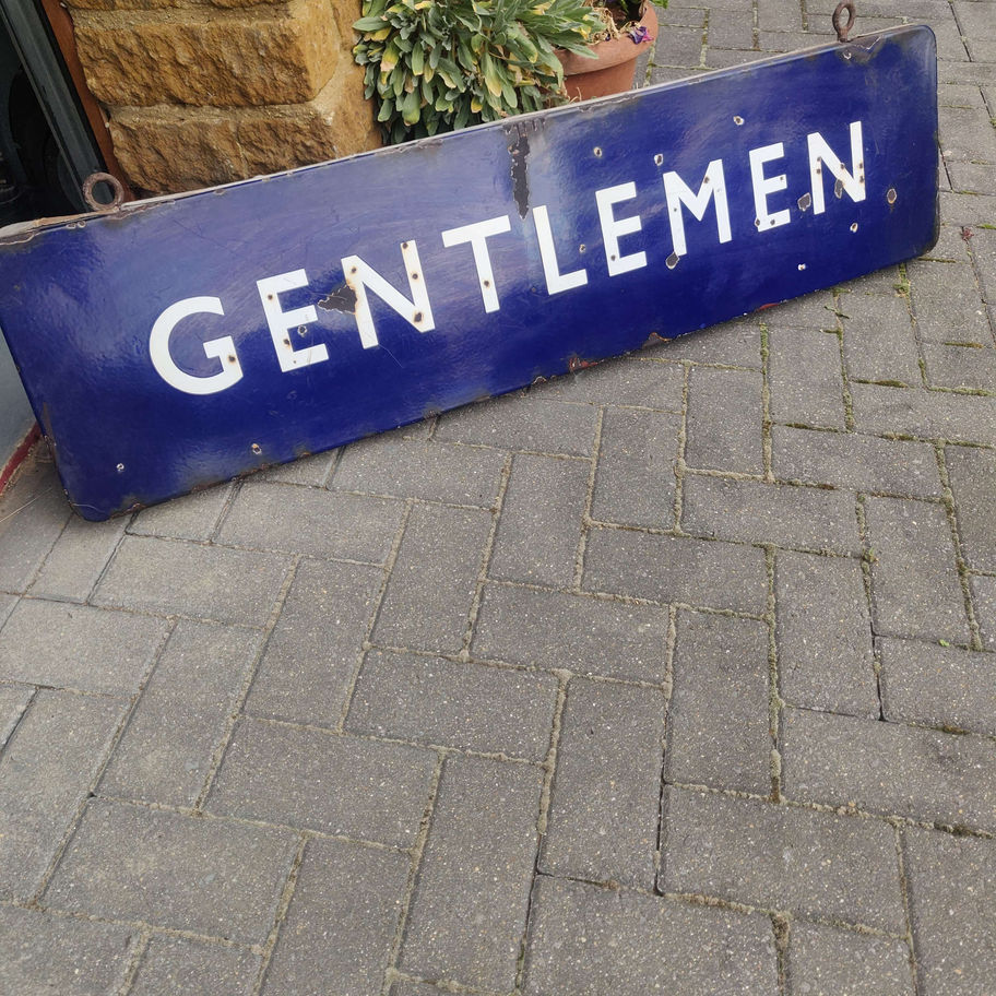 Antique Victorian probably early 1900s blue enamel gentlemen train station sign