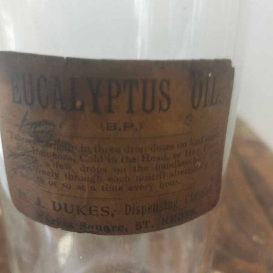 Vintage H J Dukes Eucalyptus Oil Chemist Bottle St Neots Glass Stopper