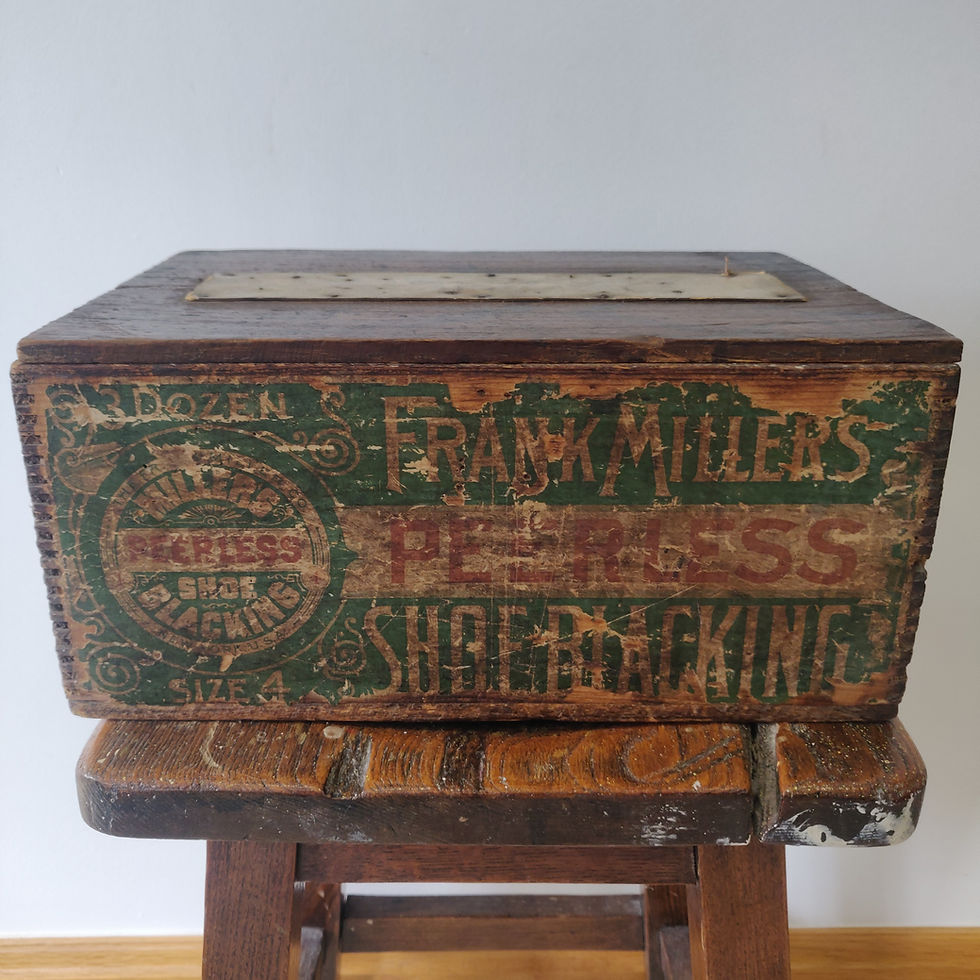 Vintage May be older oak lidded box adorned with Liberty and shoe related signs