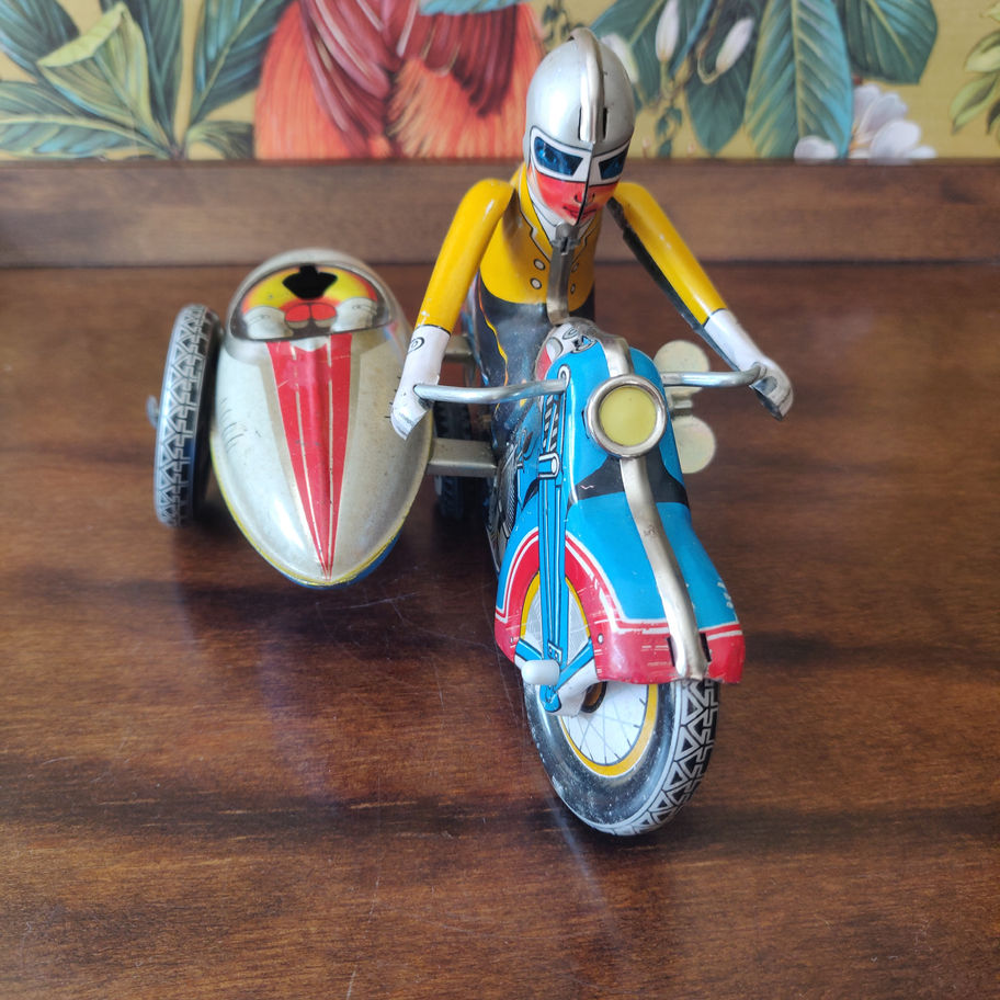 Vintage wind up with key tin plate metal motorcycle with sidecar toy
