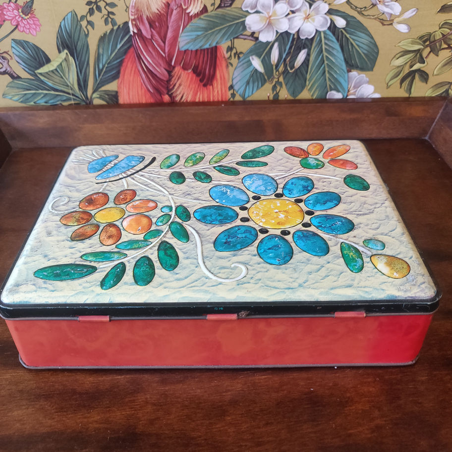 Vintage Carrs of Carlisle highly decorative biscuit tin showing colourful flower