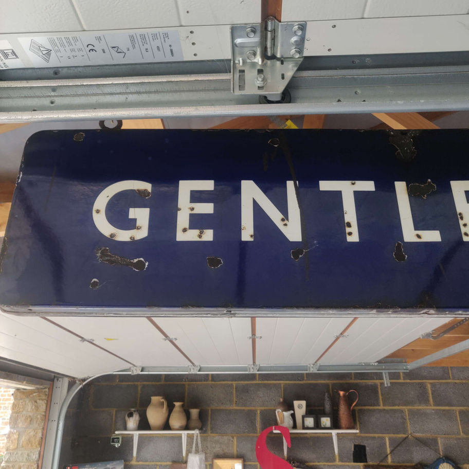 Antique Victorian probably early 1900s blue enamel gentlemen train station sign