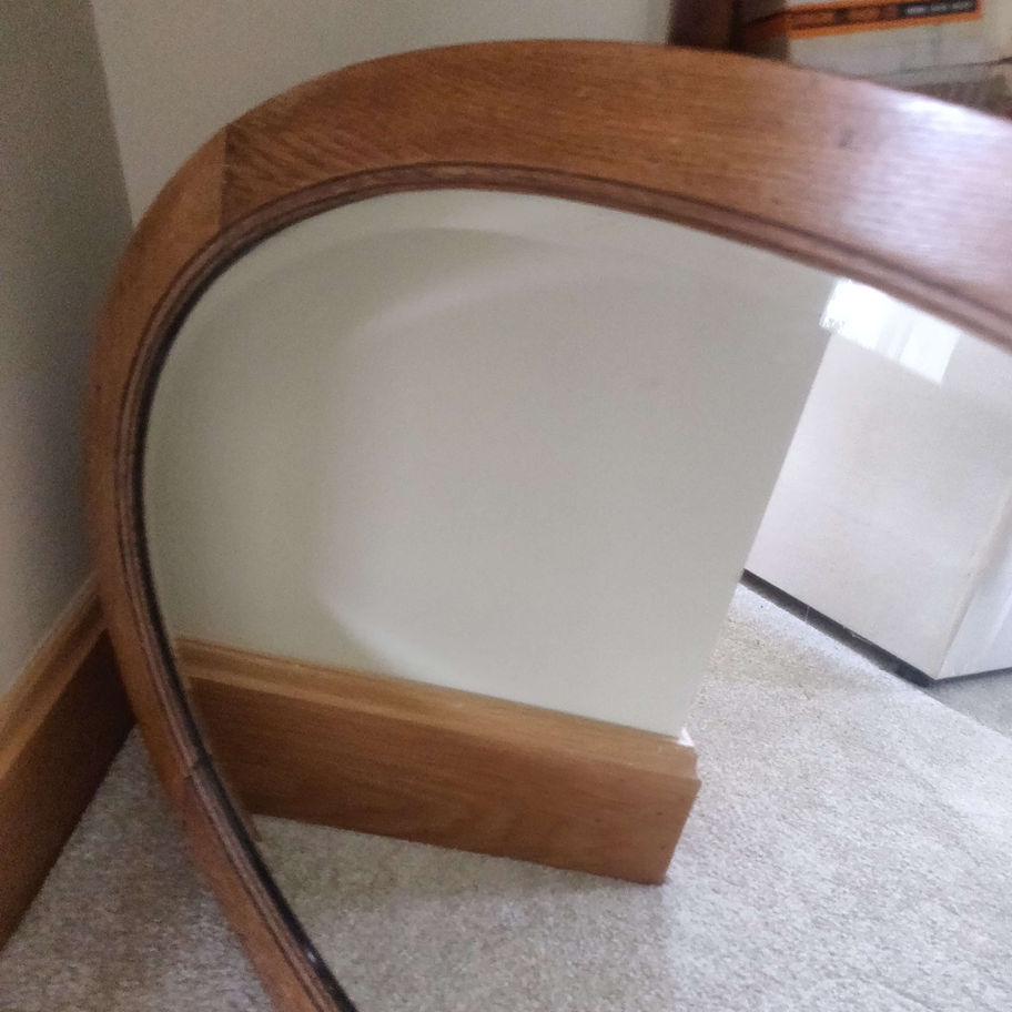 Vintage 1940s arts and crafts oak framed over mantle bevelled edge mirror