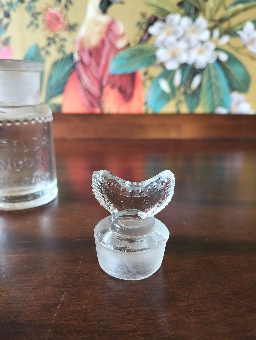 Thumbnail: Vintage Wheller London Trade Mark Glass Bottle with Decorative Stopper Frosted