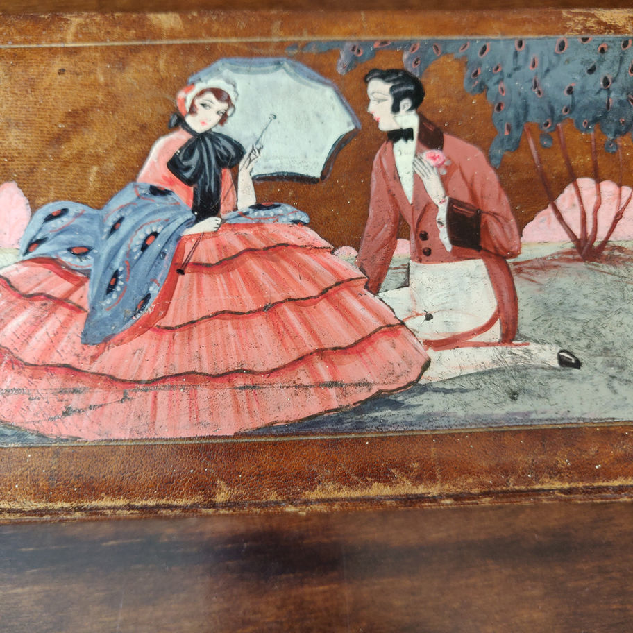 Antique early 20th century Edwardian leather bound silk lined hand painted box