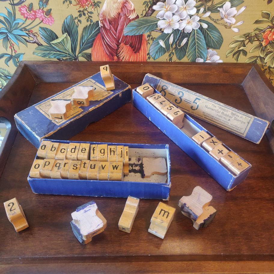 Vintage 2 boxed sets of pingo alphabet stamps and numerical rubber stamps boxed