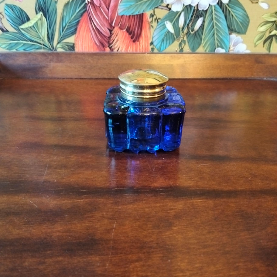 Vintage may be older cobalt blue glass and brass lid desk ink well heavy item
