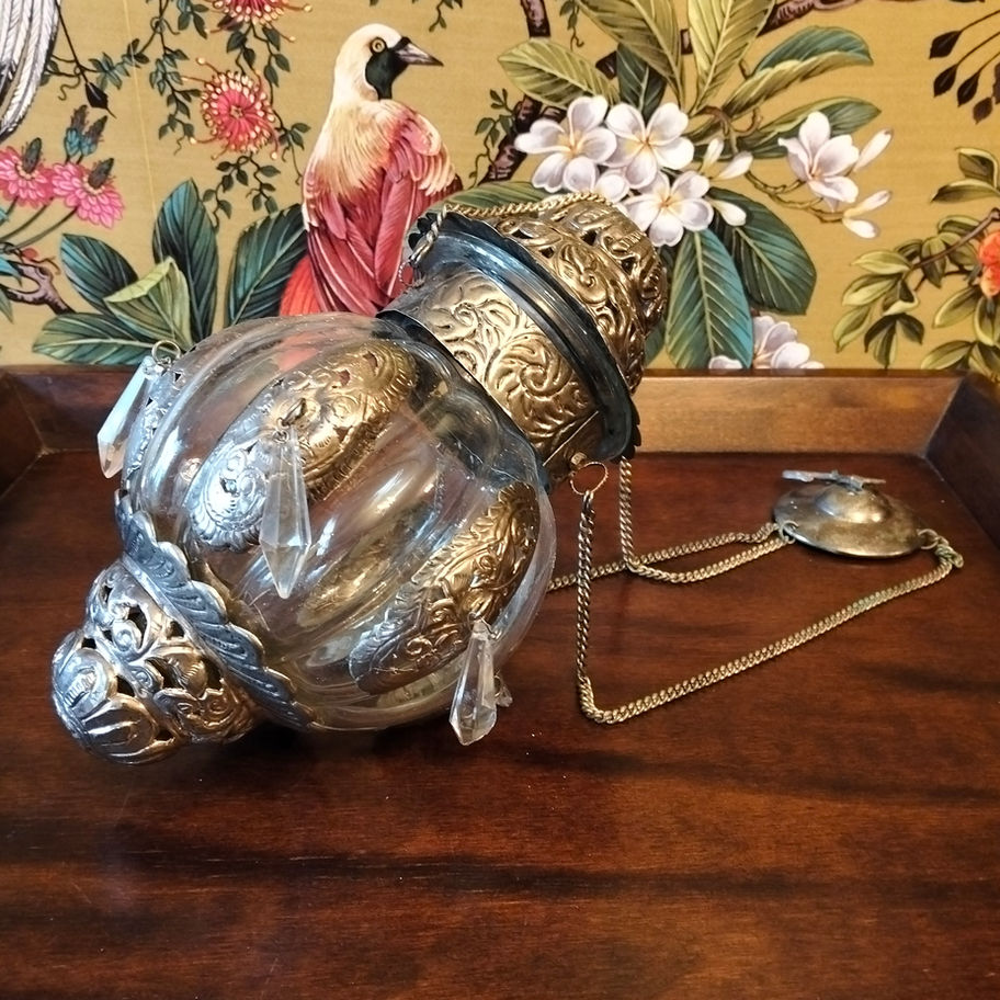 Victorian Style Ornate Hanging Hall Lantern tea light with Cut Glass Drops