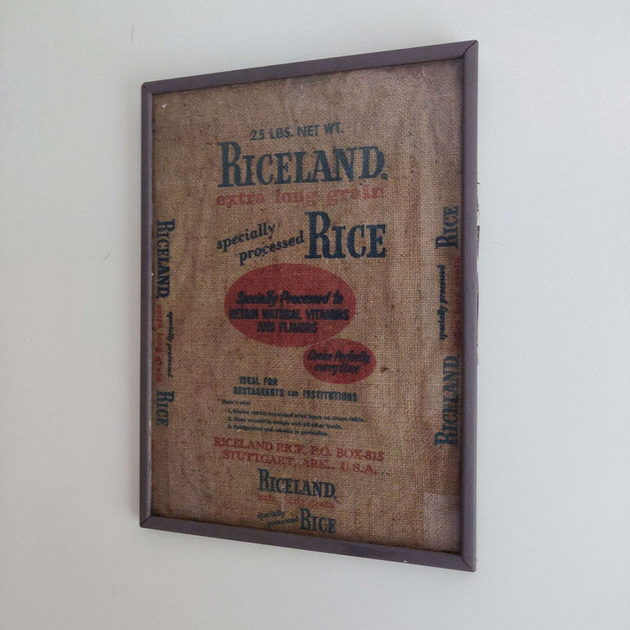 Vintage riceland framed hessian sack art