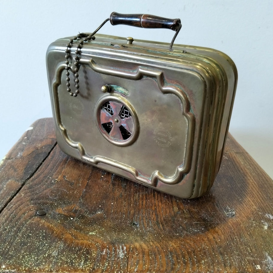 Antique Victorian late 19th or early 20th century brass chaufferette stoker